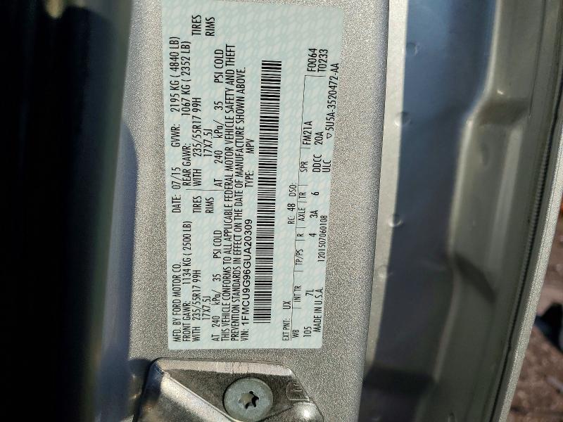 2016 Ford Escape მანქანა იყიდება აუქციონზე, vin: 1FMCU9G96GUA20309, აუქციონის ნომერი: 62928796