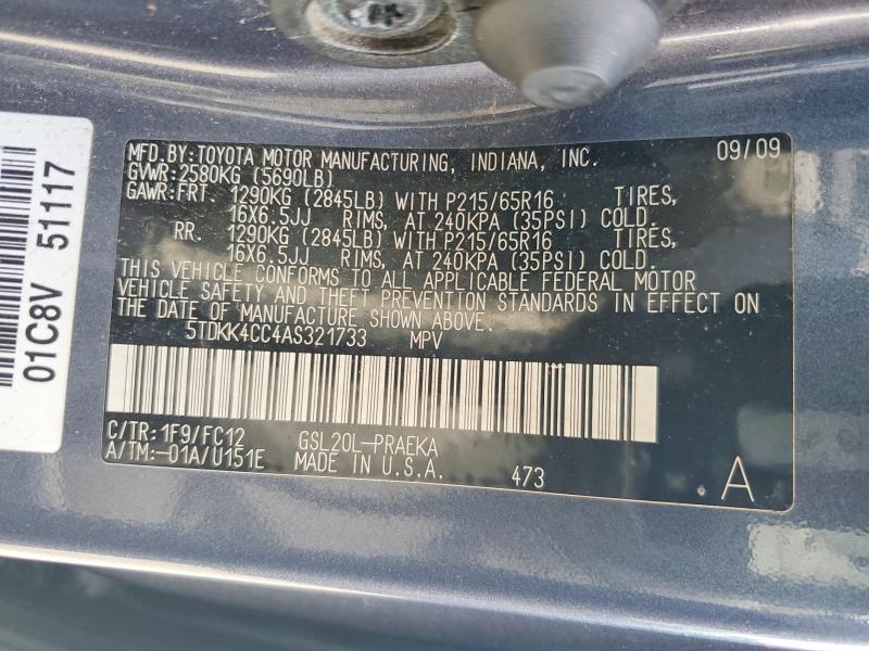 Aukcja sprzedaży 2010 Toyota Sienna, vin: 5TDKK4CC4AS321733, numer aukcji: 64988976