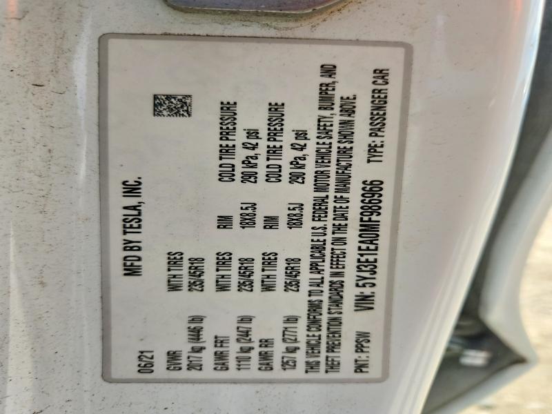 Продаж на аукціоні авто 2021 Tesla Model 3, vin: 5YJ3E1EA0MF986966, номер лоту: 63318706