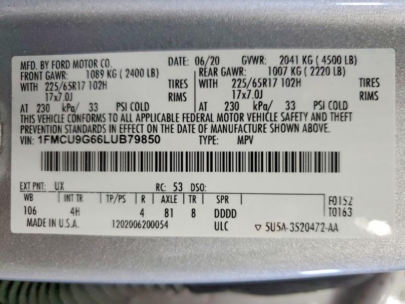 Продажа на аукционе авто 2020 Ford Escape, vin: 1FMCU9G66LUB79850, номер лота: 67169956