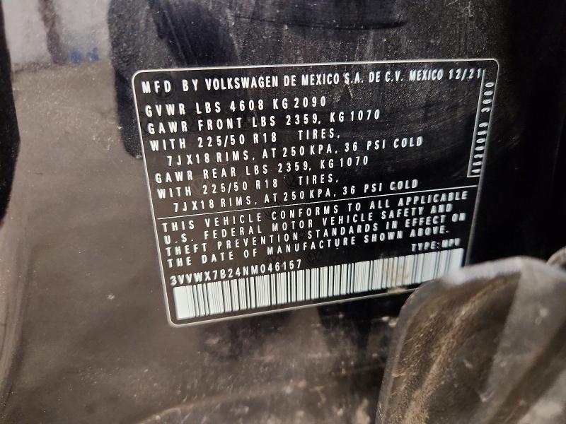 64962706 :رقم المزاد ، 3VVWX7B24NM046157 vin ، 2022 Volkswagen Taos مزاد بيع
