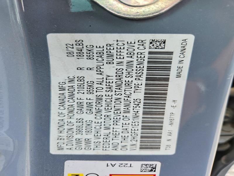 2022 Honda Civic მანქანა იყიდება აუქციონზე, vin: 2HGFE1E51NH475425, აუქციონის ნომერი: 63800996