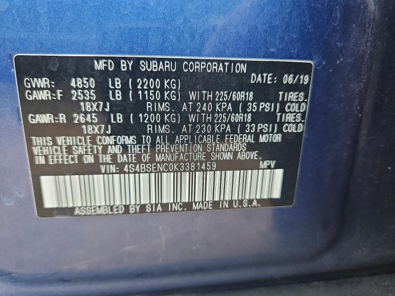 2019 Subaru Outback მანქანა იყიდება აუქციონზე, vin: 4S4BSENC0K3381459, აუქციონის ნომერი: 64655496