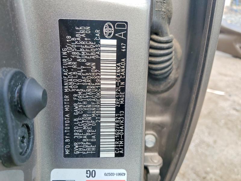 64637006 :رقم المزاد ، 2T1BURHE0KC189937 vin ، 2019 Toyota Corolla مزاد بيع