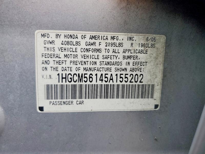 2005 Honda Accord მანქანა იყიდება აუქციონზე, vin: 1HGCM56145A155202, აუქციონის ნომერი: 65212396