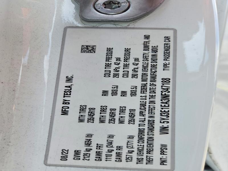 Продажа на аукционе авто 2022 Tesla Model 3, vin: 5YJ3E1EA3NF347188, номер лота: 65557366