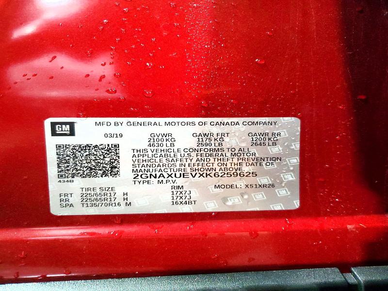 63728356 :رقم المزاد ، 2GNAXUEVXK6259625 vin ، 2019 Chevrolet Equinox مزاد بيع