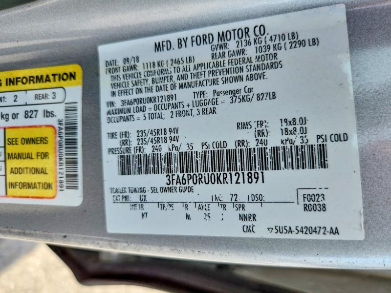 Aukcja sprzedaży 2019 Ford Fusion, vin: 3FA6P0RU0KR121891, numer aukcji: 65494166