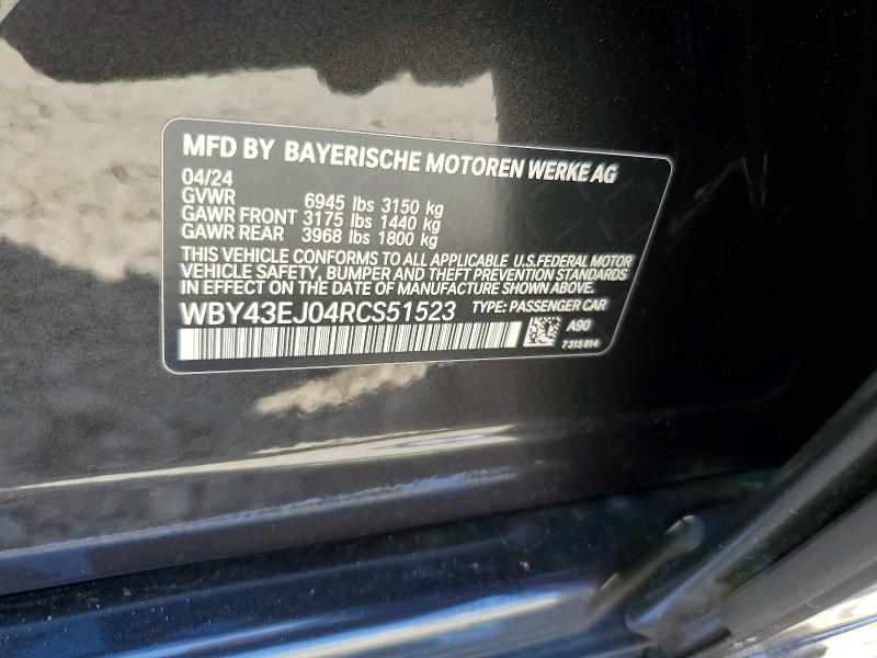 2024 Bmw I7 მანქანა იყიდება აუქციონზე, vin: WBY43EJ04RCS51523, აუქციონის ნომერი: 66400196