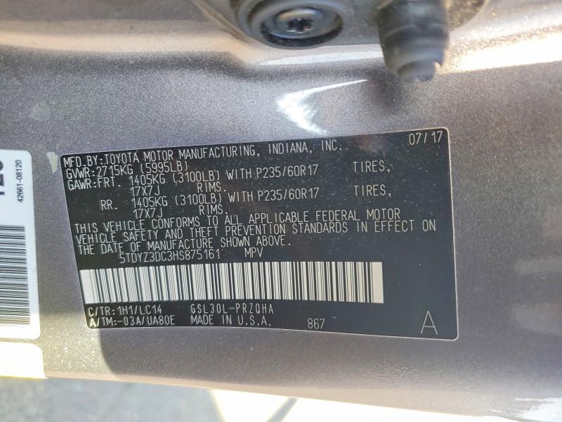 66096306 :رقم المزاد ، 5TDYZ3DC3HS875161 vin ، 2017 Toyota Sienna مزاد بيع