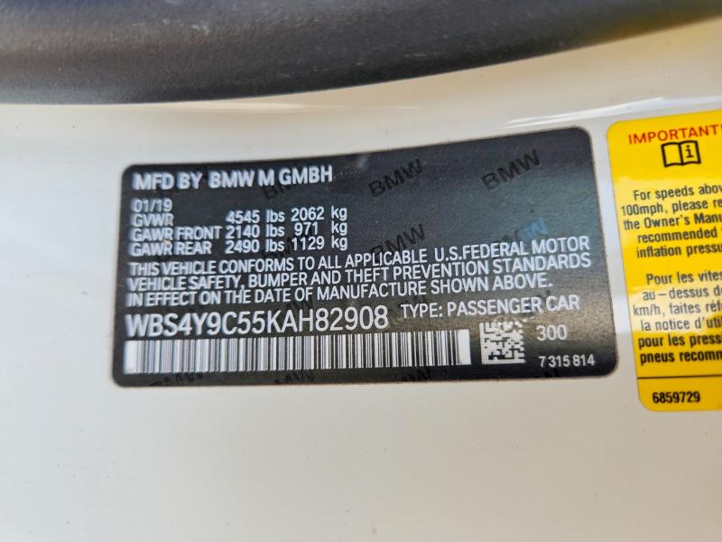 2019 Bmw M4 მანქანა იყიდება აუქციონზე, vin: WBS4Y9C55KAH82908, აუქციონის ნომერი: 64508906