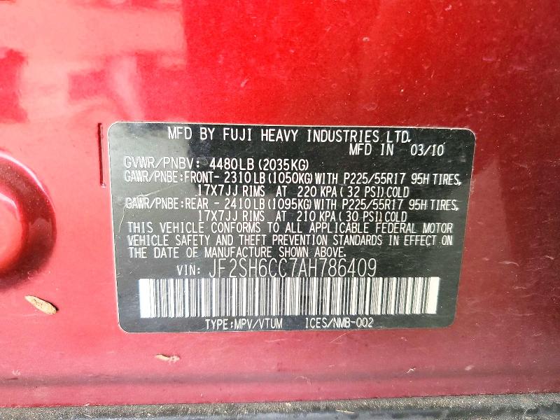 61564216 :رقم المزاد ، JF2SH6CC7AH786409 vin ، 2010 Subaru Forester مزاد بيع