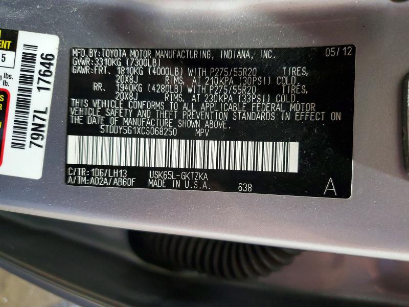 Aukcja sprzedaży 2012 Toyota Sequoia, vin: 5TDDY5G1XCS068250, numer aukcji: 63527966