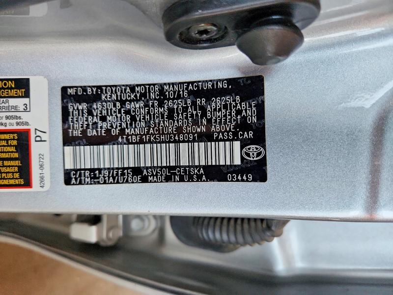 2017 Toyota Camry მანქანა იყიდება აუქციონზე, vin: 4T1BF1FK5HU348091, აუქციონის ნომერი: 63723886