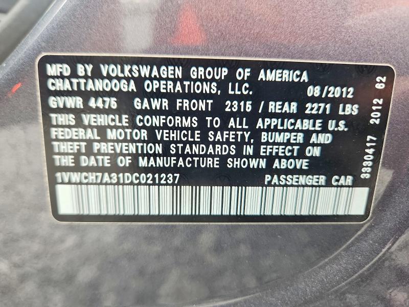 64082306 :رقم المزاد ، 1VWCH7A31DC021237 vin ، 2013 Volkswagen Passat مزاد بيع