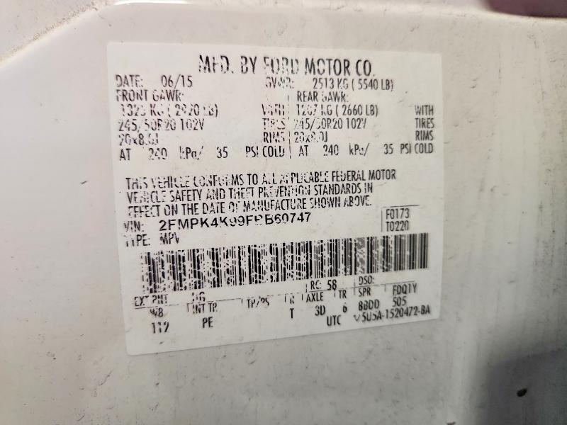 2015 Ford Edge მანქანა იყიდება აუქციონზე, vin: 2FMPK4K99FBB60747, აუქციონის ნომერი: 67378646