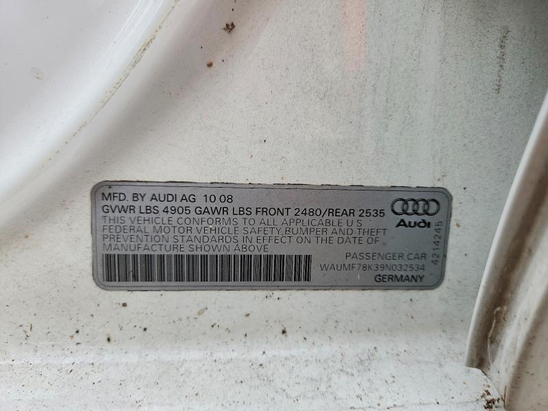 64627986 :رقم المزاد ، WAUMF78K39N032534 vin ، 2009 Audi A4 مزاد بيع