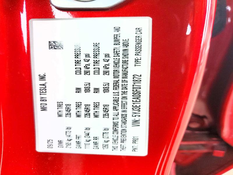 65220626 :رقم المزاد ، 5YJ3E1EA0SF071872 vin ، 2025 Tesla Model 3 مزاد بيع