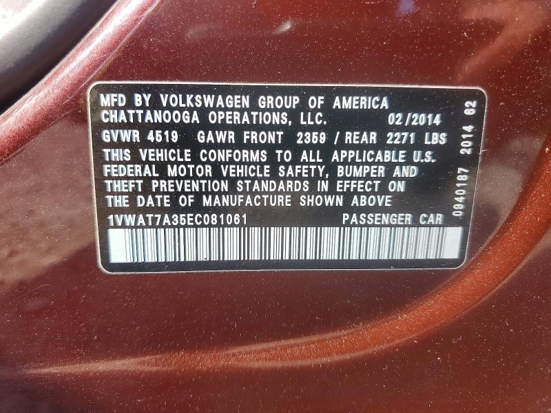 65100956 :رقم المزاد ، 1VWAT7A35EC081061 vin ، 2014 Volkswagen Passat مزاد بيع