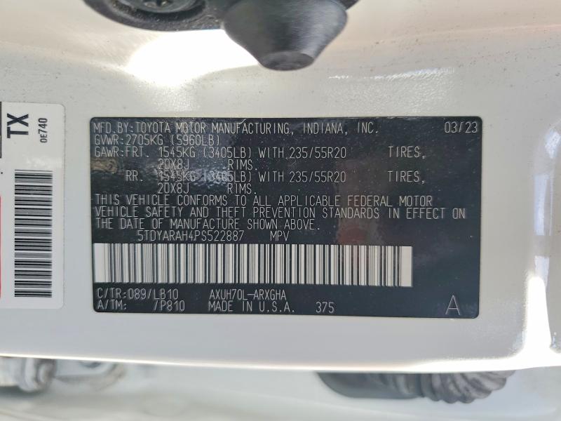 2023 Toyota Highlander Hybrid მანქანა იყიდება აუქციონზე, vin: 5TDYARAH4PS522887, აუქციონის ნომერი: 64062776