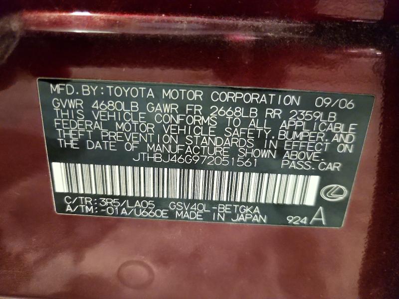 Aukcja sprzedaży 2007 Lexus Es, vin: JTHBJ46G972051561, numer aukcji: 65293786