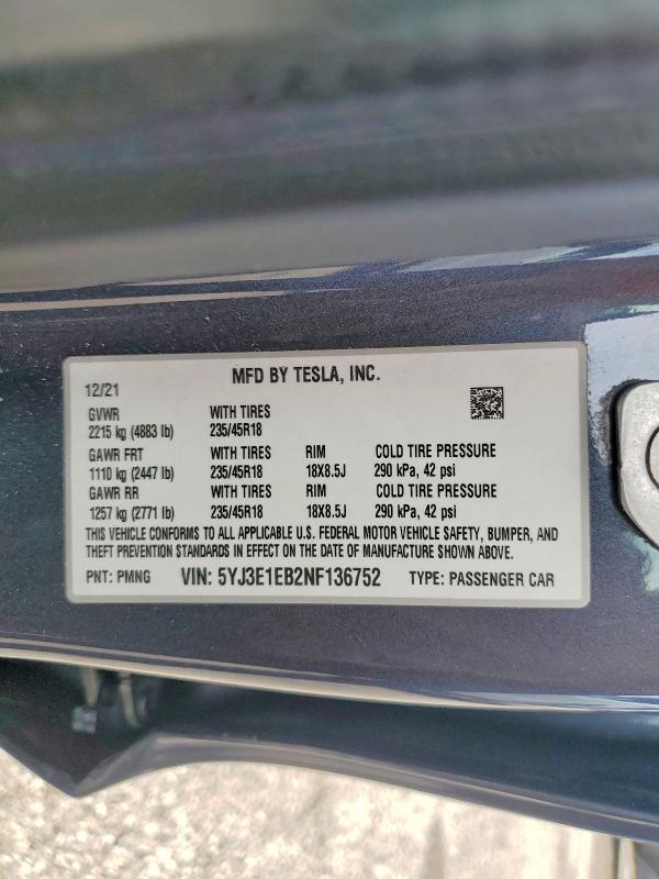 66472776 :رقم المزاد ، 5YJ3E1EB2NF136752 vin ، 2022 Tesla Model 3 مزاد بيع