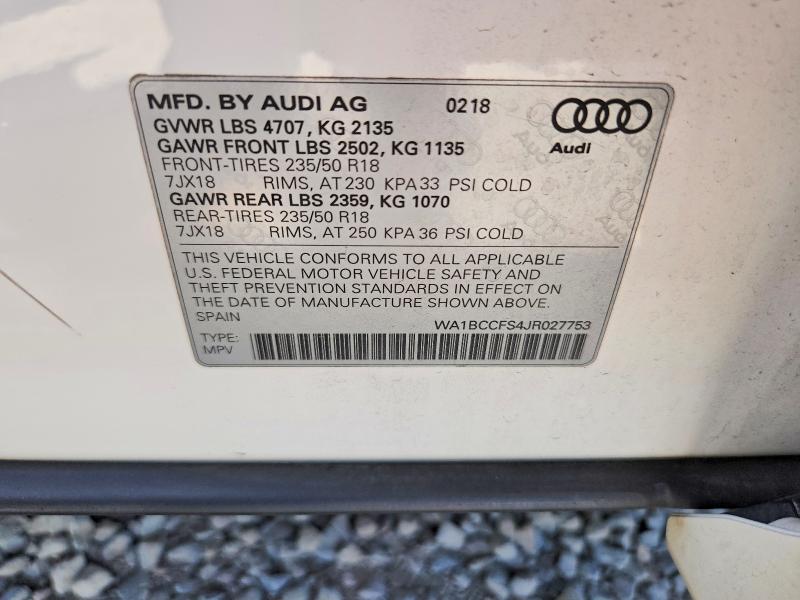66767696 :رقم المزاد ، WA1BCCFS4JR027753 vin ، 2018 Audi Q3 مزاد بيع