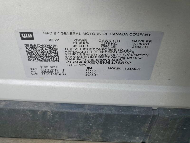 2022 Chevrolet Equinox მანქანა იყიდება აუქციონზე, vin: 2GNAXXEV6N6126592, აუქციონის ნომერი: 66632066