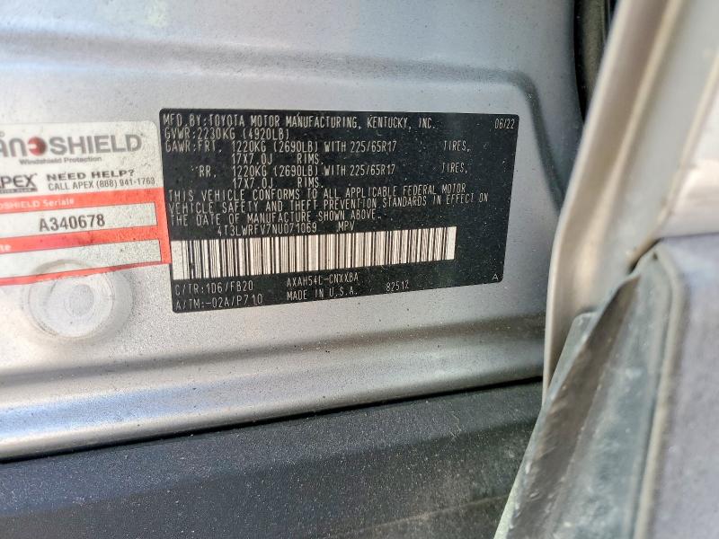65525346 :رقم المزاد ، 4T3LWRFV7NU071069 vin ، 2022 Toyota Rav4 مزاد بيع