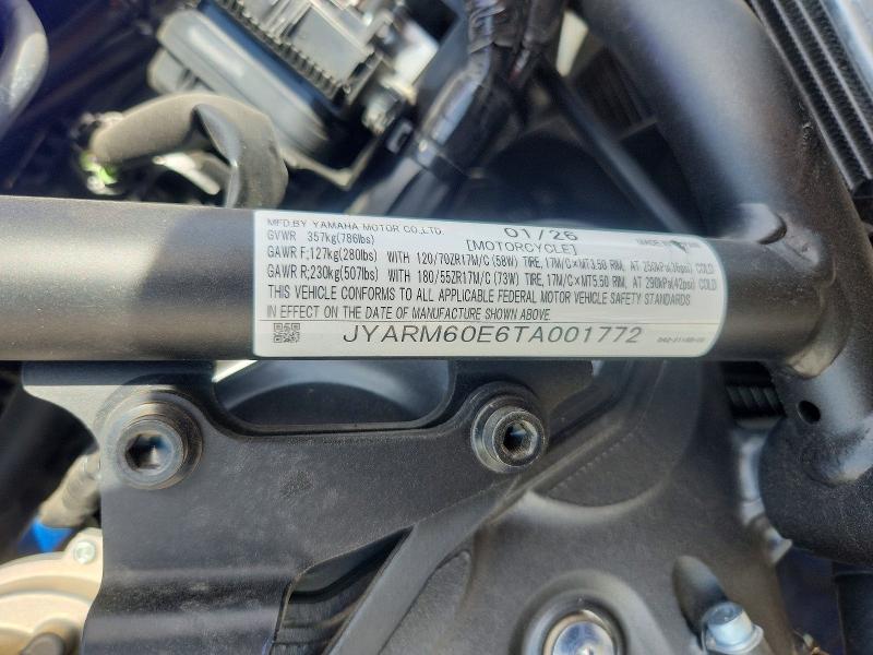 2026 Yamaha Yzf690 მანქანა იყიდება აუქციონზე, vin: JYARM60E6TA001772, აუქციონის ნომერი: 64655576