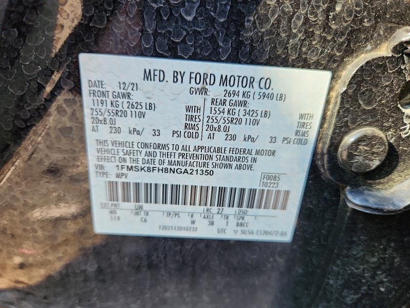 64338036 :رقم المزاد ، 1FMSK8FH8NGA21350 vin ، 2022 Ford Explorer مزاد بيع