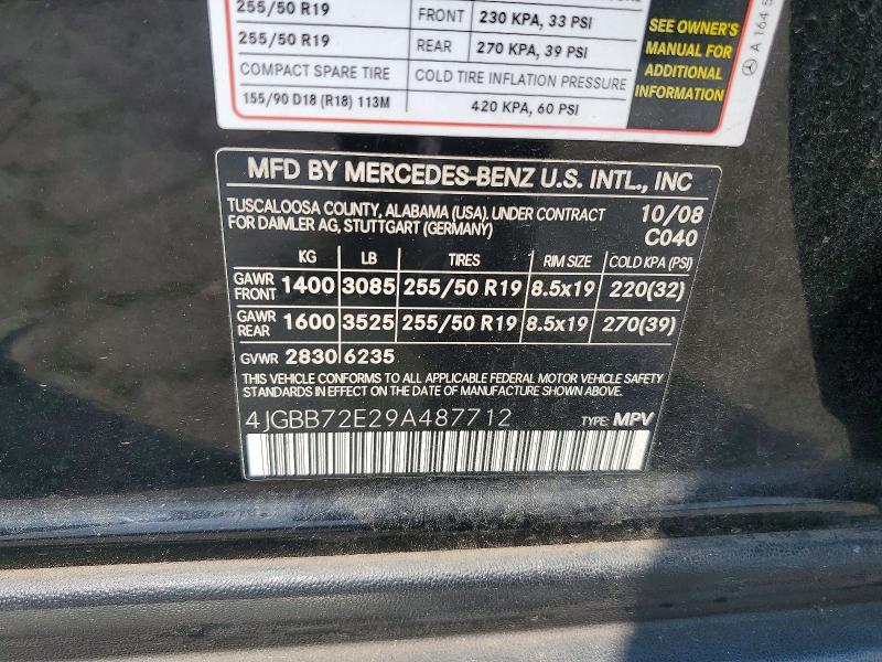 63700396 :رقم المزاد ، 4JGBB72E29A487712 vin ، 2009 Mercedes-benz Ml مزاد بيع