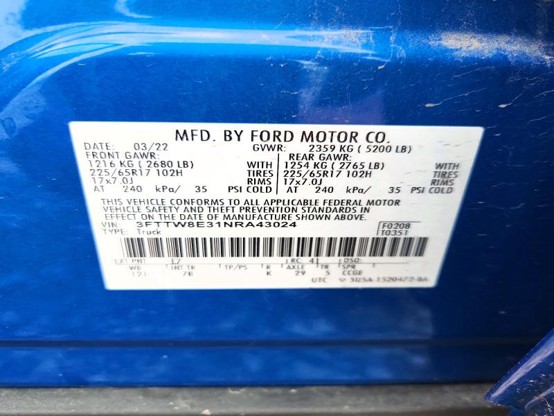 Продажа на аукционе авто 2022 Ford Maverick, vin: 3FTTW8E31NRA43024, номер лота: 63752076