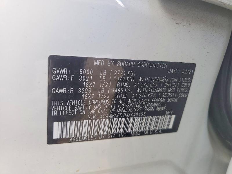 2021 Subaru Ascent მანქანა იყიდება აუქციონზე, vin: 4S4WMAFD7M3440456, აუქციონის ნომერი: 63903096