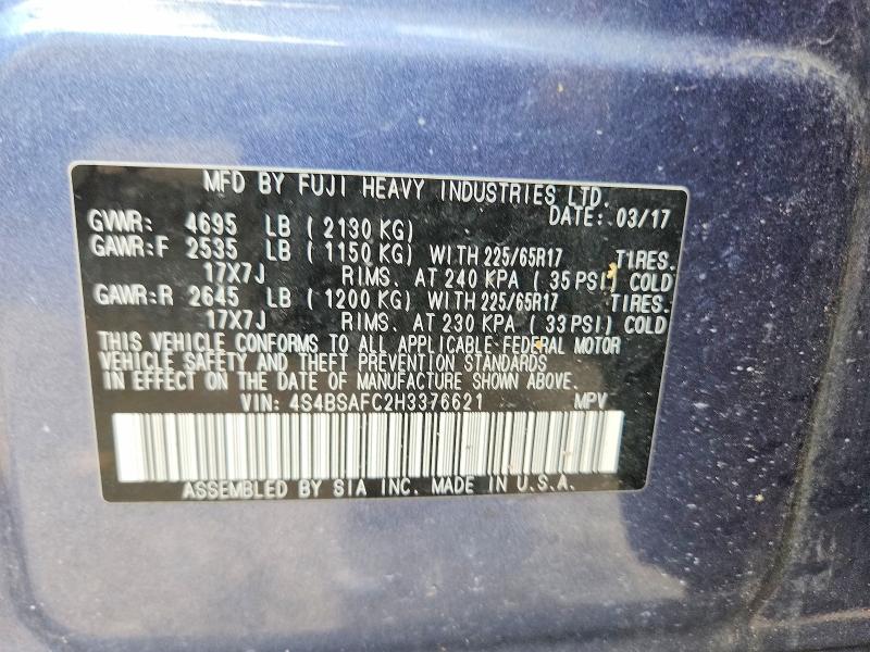 Продажа на аукционе авто 2017 Subaru Outback, vin: 4S4BSAFC2H3376621, номер лота: 66250296