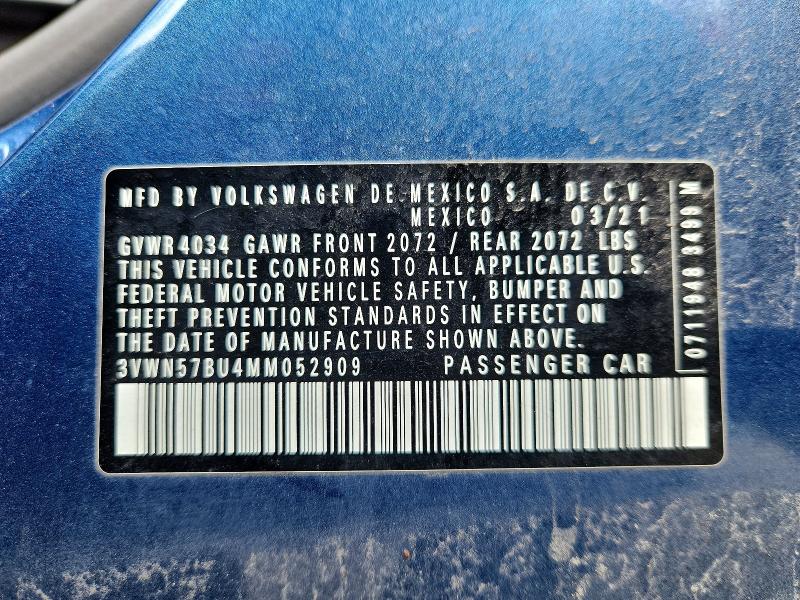 2021 Volkswagen Jetta მანქანა იყიდება აუქციონზე, vin: 3VWN57BU4MM052909, აუქციონის ნომერი: 65997636