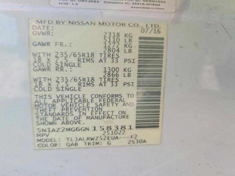 66522566 :رقم المزاد ، 5N1AZ2MG6GN158381 vin ، 2016 Nissan Murano مزاد بيع