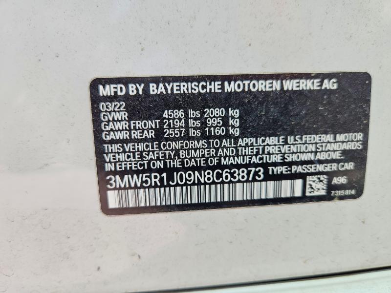 Aukcja sprzedaży 2022 Bmw 330i, vin: 3MW5R1J09N8C63873, numer aukcji: 63618056