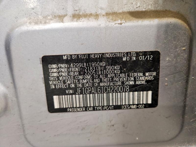 Продаж на аукціоні авто 2012 Subaru Impreza, vin: JF1GPAL61CH220078, номер лоту: 64615886