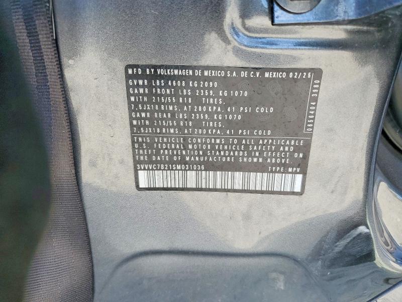 2025 Volkswagen Taos მანქანა იყიდება აუქციონზე, vin: 3VVVC7B21SM031036, აუქციონის ნომერი: 64817176