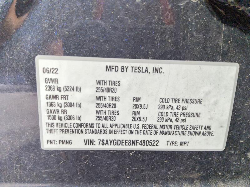 2022 Tesla Model Y მანქანა იყიდება აუქციონზე, vin: 7SAYGDEE8NF480522, აუქციონის ნომერი: 60485746