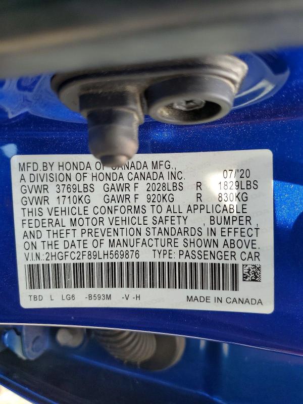 65309956 :رقم المزاد ، 2HGFC2F89LH569876 vin ، 2020 Honda Civic مزاد بيع