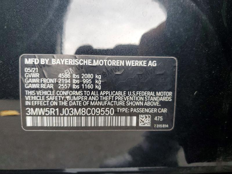 66986156 :رقم المزاد ، 3MW5R1J03M8C09550 vin ، 2021 Bmw 330i مزاد بيع