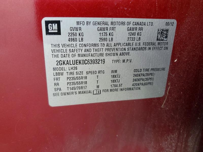 64088706 :رقم المزاد ، 2GKALUEK0C6393219 vin ، 2012 Gmc Terrain مزاد بيع
