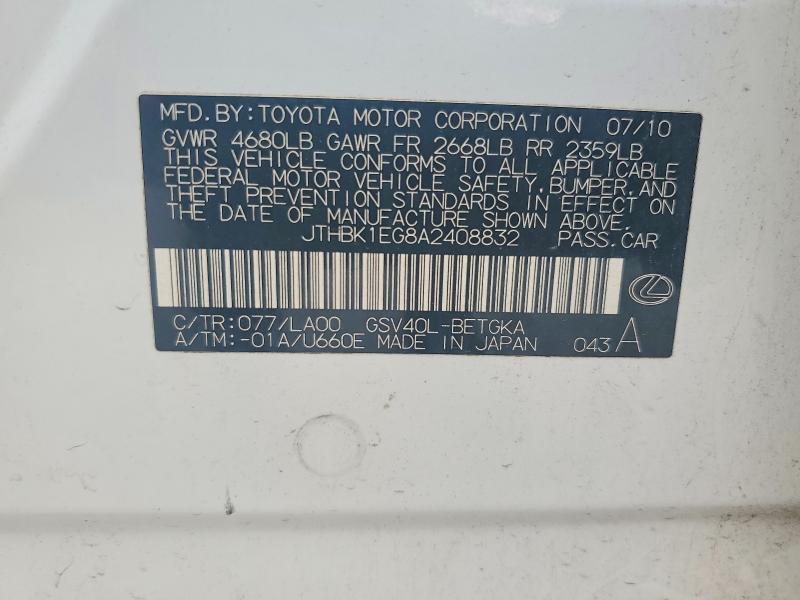65534696 :رقم المزاد ، JTHBK1EG8A2408832 vin ، 2010 Lexus Es مزاد بيع