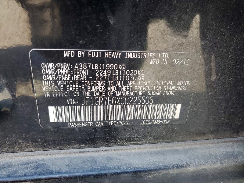 65561096 :رقم المزاد ، JF1GR7E6XCG225506 vin ، 2012 Subaru Impreza مزاد بيع