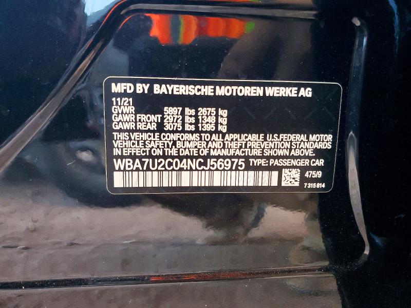 Aukcja sprzedaży 2022 Bmw 750, vin: WBA7U2C04NCJ56975, numer aukcji: 65741096