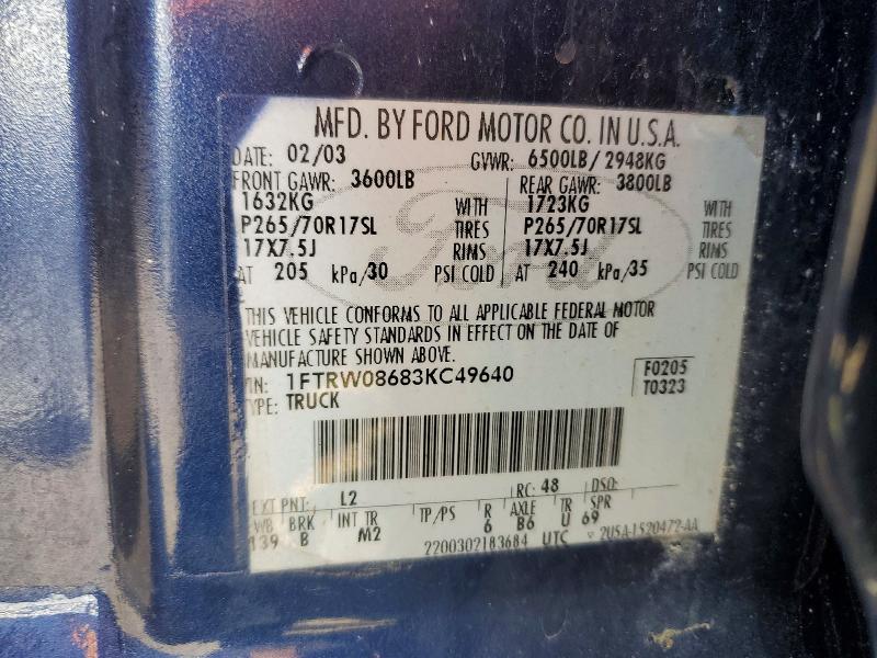 Aukcja sprzedaży 2003 Ford F150, vin: 1FTRW08683KC49640, numer aukcji: 64890266