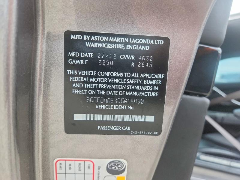 Продаж на аукціоні авто 2012 Aston Martin Db9, vin: SCFFDAAE3CGA14490, номер лоту: 64673536