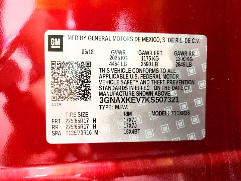 2019 Chevrolet Equinox მანქანა იყიდება აუქციონზე, vin: 3GNAXKEV7KS507321, აუქციონის ნომერი: 66699016